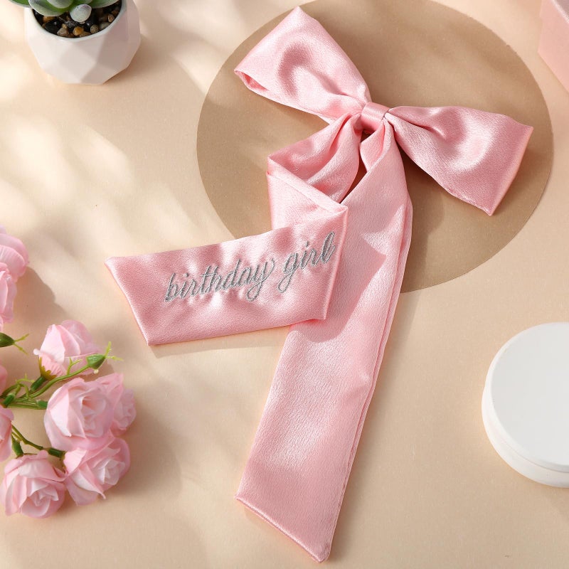 Canlierr Embroidered Pink Birthday Girl Hair Bow for Women Birthday Girl Hair Bow Clips Big Pink Bows Satin Ribbons Accessories Gifts Party Favors - Image 3